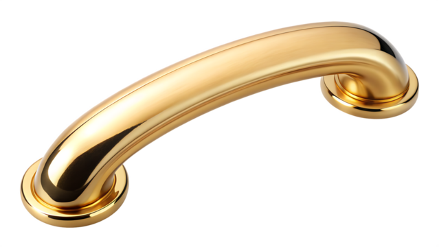 Polished golden curved handle with rounded ends isolated on a transparent background