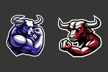 This is a vector image of a bull logo with bicep arm muscles, suitable for company logo designs, fitness, body fitness, gym, sports equipment, sports teams, t-shirts, jackets, food, banners, posters, 