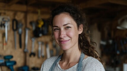 In a cozy workshop, a Caucasian female artisan beams with creativity amidst a bricolage of tools, echoing Earth Day ethos