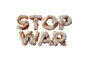 Stone text sculpture: stop war message in natural rock design, cut out