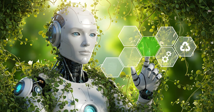 Advanced AI robot interacts with green technology interface, surrounded by lush nature, symbolizing eco-friendly innovation and future sustainability.