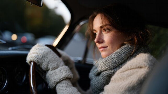 Fototapeta European woman intently navigating vintage car at dusk, embodying Hygge spirit, aligning with International Scarf Day warmth