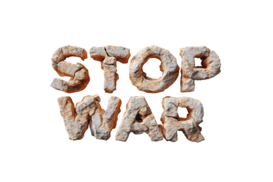 Stone text sculpture: stop war message in natural rock design, cut out