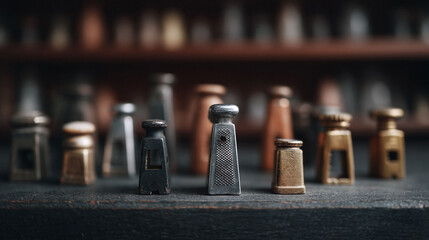 A set of antique weights lines a shelf, evoking history and precision. Perfect for concepts of balance, measurement, vintage, or collection themes.