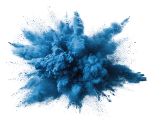 Dynamic burst of bright blue powder cloud captured mid air.