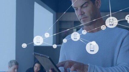 Man tapping tablet and generating smartphone and music note icons tech network showing connectivity - Powered by Adobe