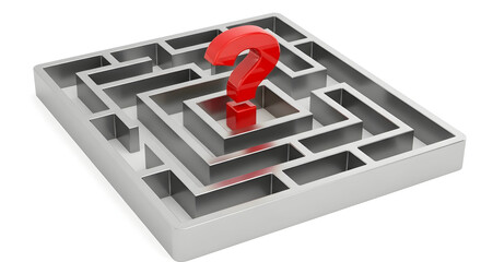 Red question mark in center of metallic maze &mdash; problem solving, decision making and uncertainty concept