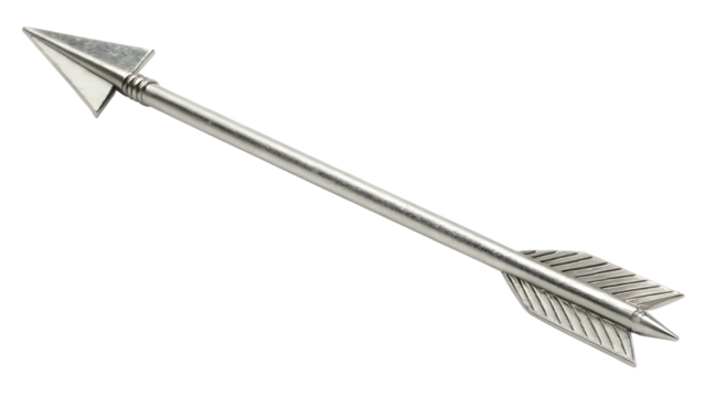 Silver arrow with fletching and arrowhead isolated on a transparent background metal