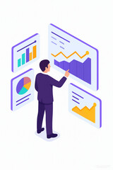 Dynamic isometric presentation of business data with rising graphs and charts for professional use