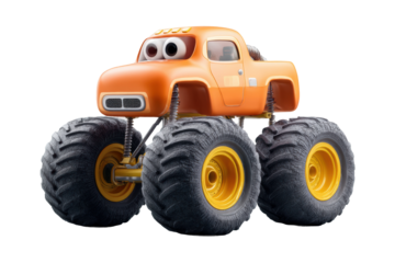 Bright orange cartoon monster truck with large tires and animated eyes, cut out