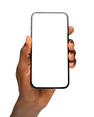 A close-up of a hand holding a modern smartphone vertically with the screen facing forward, isolated on a transparent background.