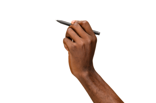 A close-up of a human hand holding a black pen in a poised writing position, isolated on a transparent background.