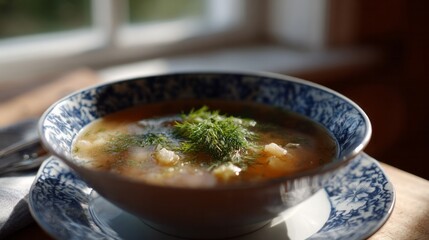 Savory dill-adorned chowder, cradled in vintage porcelain evokes ancestral warmth, ideal for International Soup Month or Hygge celebrations