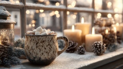 Fototapeta premium New Year's layout by the window. A glass with cocoa and a spoon, tangerines and a Garland with houses.