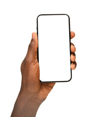 A hand holding a smartphone upright with a blank black screen facing forward, isolated on a transparent background.