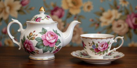 Vintage porcelain teapot and teacup with pink rose floral pattern and warm mood