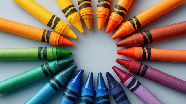 Colored pencils arranged in a circle on a white background, points facing inward, creating a radial pattern.