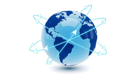 Global digital network with glowing data links around a blue 3D Earth on white background