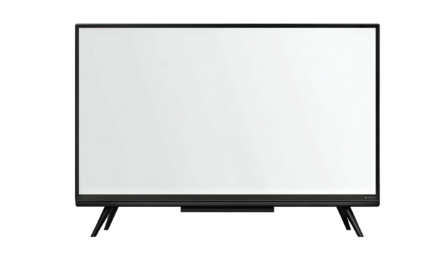 A modern flat screen television with a blank white screen on a stand.