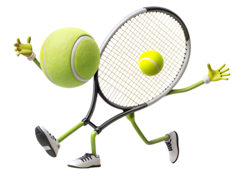 Tennis racket and ball characters playing sport isolated on a transparent background