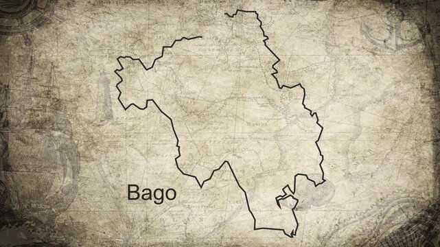 Bago map drawn on a cartography background sheet of paper