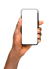 A hand holding a smartphone upright with a blank black screen, positioned against a transparent background, ideal for digital mockups or design presentations.