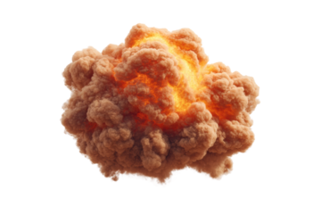 Dynamic explosion with fiery clouds and intense flames captured mid-burst, cut out