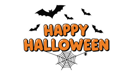 Fototapeta premium Spooky Halloween Greeting: A playful graphic arrangement featuring iconic symbols of the spooky season. Includes bold typography, bats, and a spider web. Capturing a fun, and festive atmosphere.