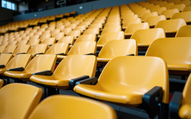 Empty yellow stadium seat close up with shallow depth of field and repetitive rows