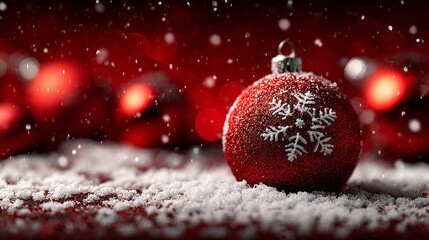 A red snow globe with a snowflake on it sits on a red background