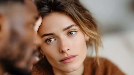 A woman with a concerned expression listening to a man