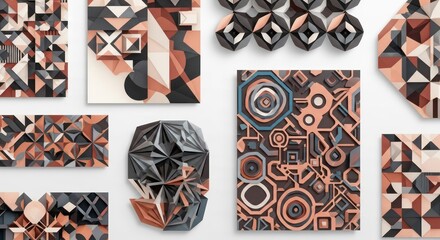 An arrangement of geometric artwork displays a blend of modern shapes and subdued colors