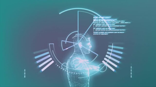 Translucent wireframe avatar emerging triggers spinning HUD rings scanning data for display