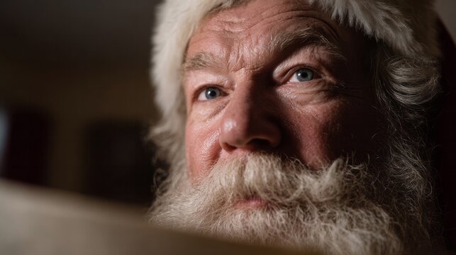 Santa-like Caucasian man with twinkling eyes reading a list, capturing yule nostalgia, evoking Christmas wonderment, festive curiosity