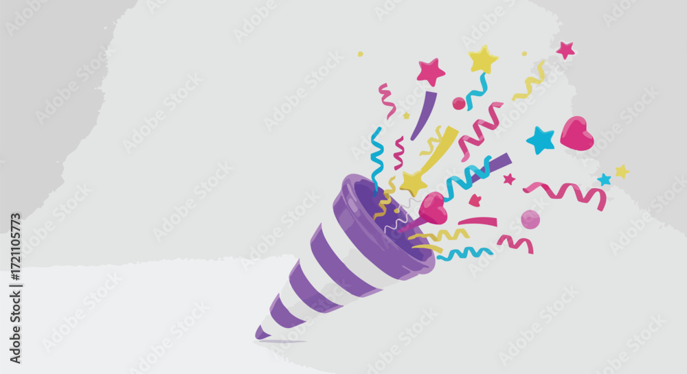 Wall mural a 3d rendering of a party popper exploding with colorful confetti and decorations.