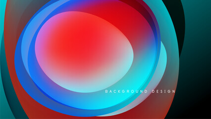 Abstract layers create vibrant circular design. Blue, red, turquoise blend into dark background. Modern aesthetic, smooth gradients present.