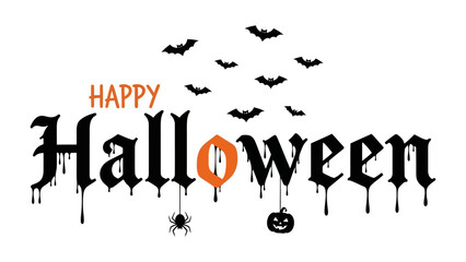 Happy Halloween with spooky vibes: A whimsical digital composition that combines Halloween spirit, showcasing the festive inscription and a variety of classic symbols.