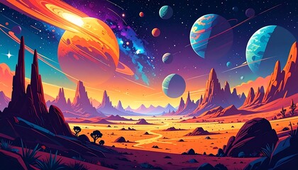 Colorful alien landscape with planets