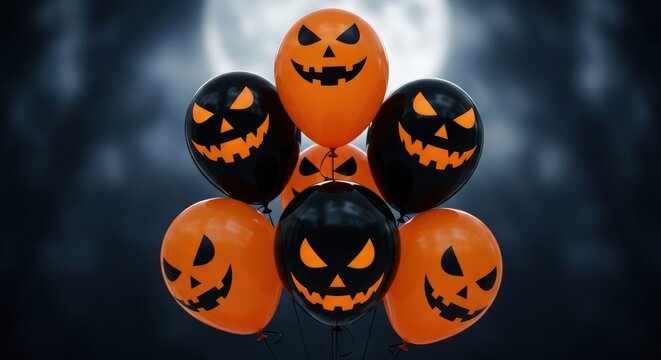 Festive Halloween air balloons with spooky faces against a moonlit background for themed