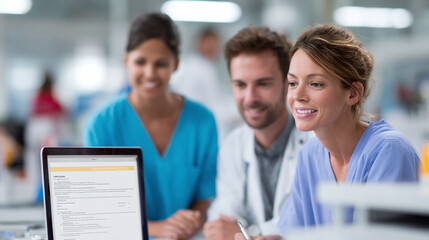 Obraz premium Medical team collaborates, reviewing patient data on a laptop. Smiling doctors and nurses share expertise in a modern hospital. Healthcare, teamwork, innovation.