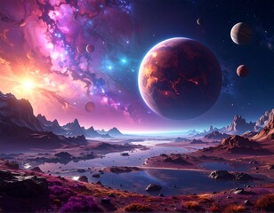 Colorful alien landscape with planets and nebula