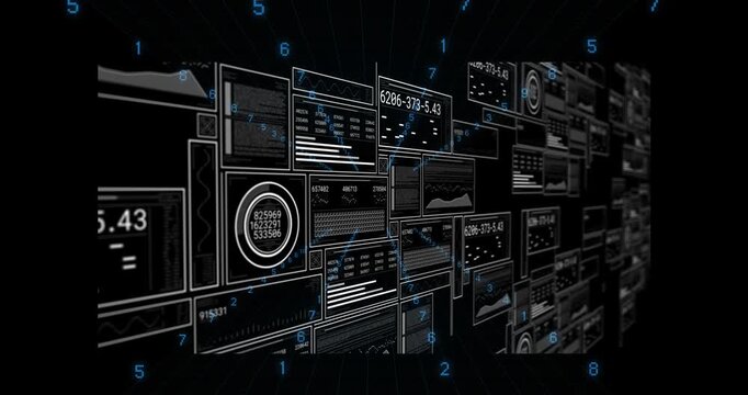 3D grid receding starting panels sliding right showing codes rotating gauge mapping network