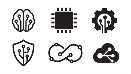 Technology Circuit Icons Set – Artificial Intelligence, Cloud, Cybersecurity, Chip, DevOps, Gear Vector Symbols