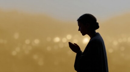 A serene silhouette of an Asian woman praying, invoking Silent Retreat tradition, Lantern Festival glow, meditative whispers