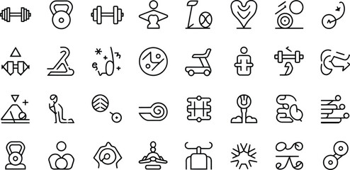 Modern fitness icons for wellness brands, gyms, and health apps: Simple line art for a healthy lifestyle and workout routines, scalable vector elements