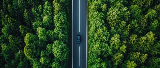 Aerial view of car on road through forest
