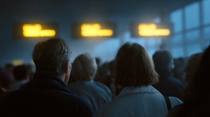 Misty airport scene at dawn, diverse travelers pause beneath glowing signs, embracing Wanderlust Day and International Friendship Fest