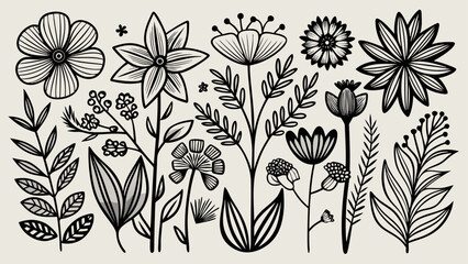 Simple black line drawings of various flowers and plants, graceful organic forms, versatile minimalist aesthetics, perfect for elegant branding, invitations, or creative projects needing refined 