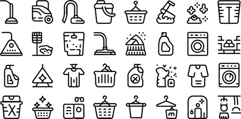 Modern cleaning icons for laundry and home care. Perfect for websites and apps, these minimal line art icons create a clean, fresh aesthetic.