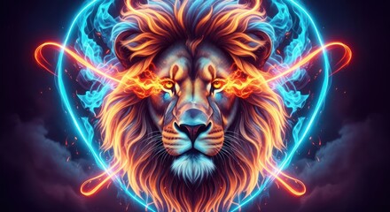 Majestic lion with radiant energy, blazing mane and fierce gaze emanating power and mystique